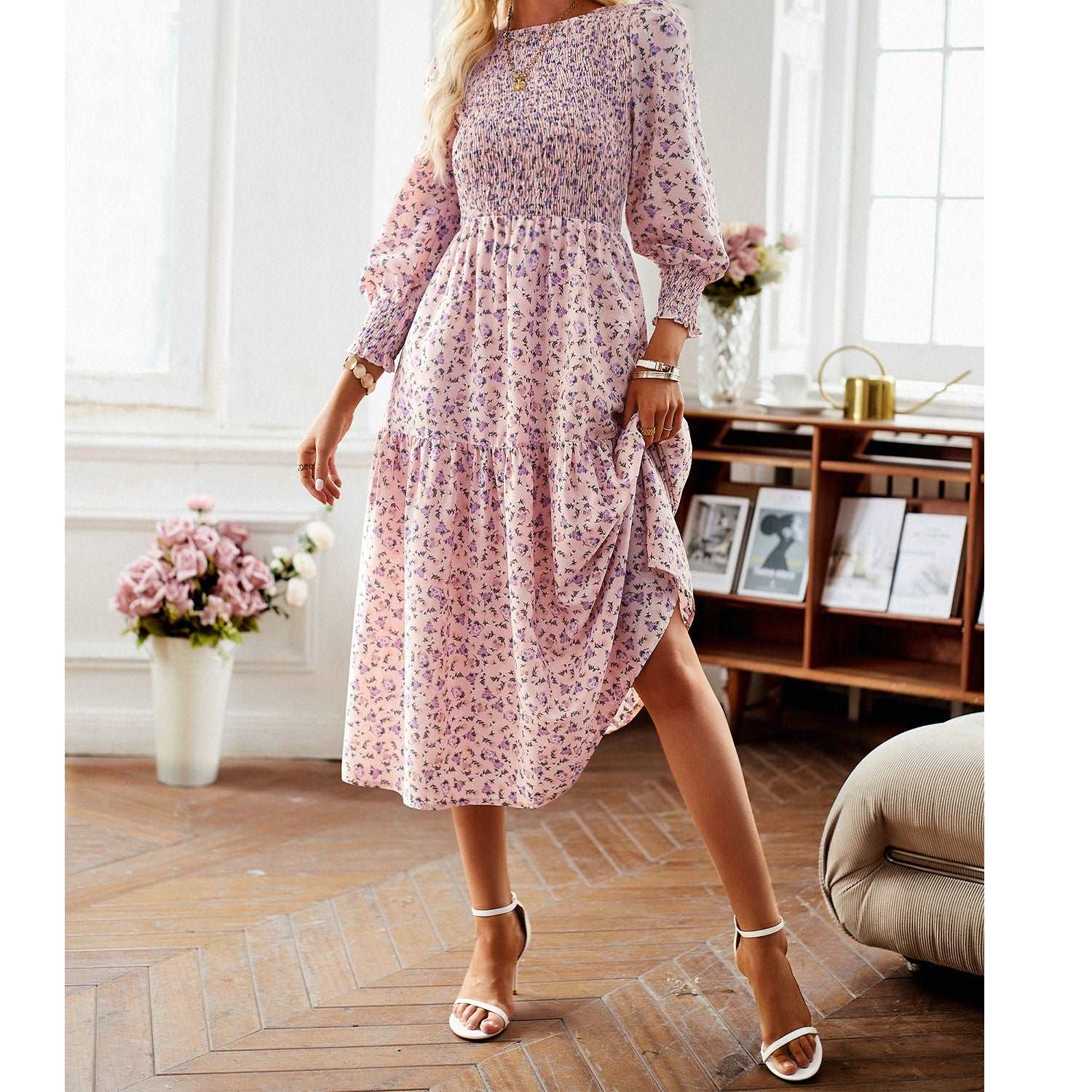 Women's Casual Long Sleeve Floral Dress Crewneck A-Line Mid Length Dress