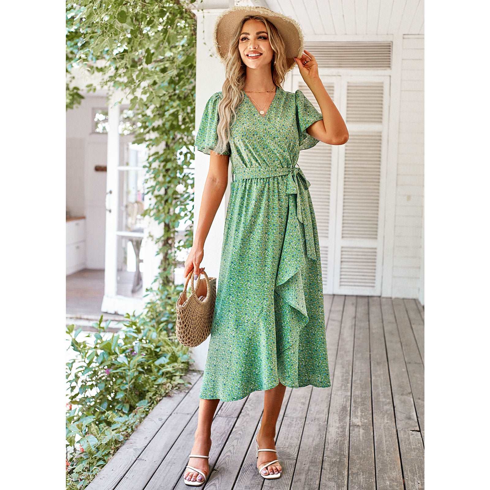 Women's Dresses Casual Summer Wrap V Neck Short Sleeve Belted Ruffle Hem A-Line Bohemian Maxi Dress