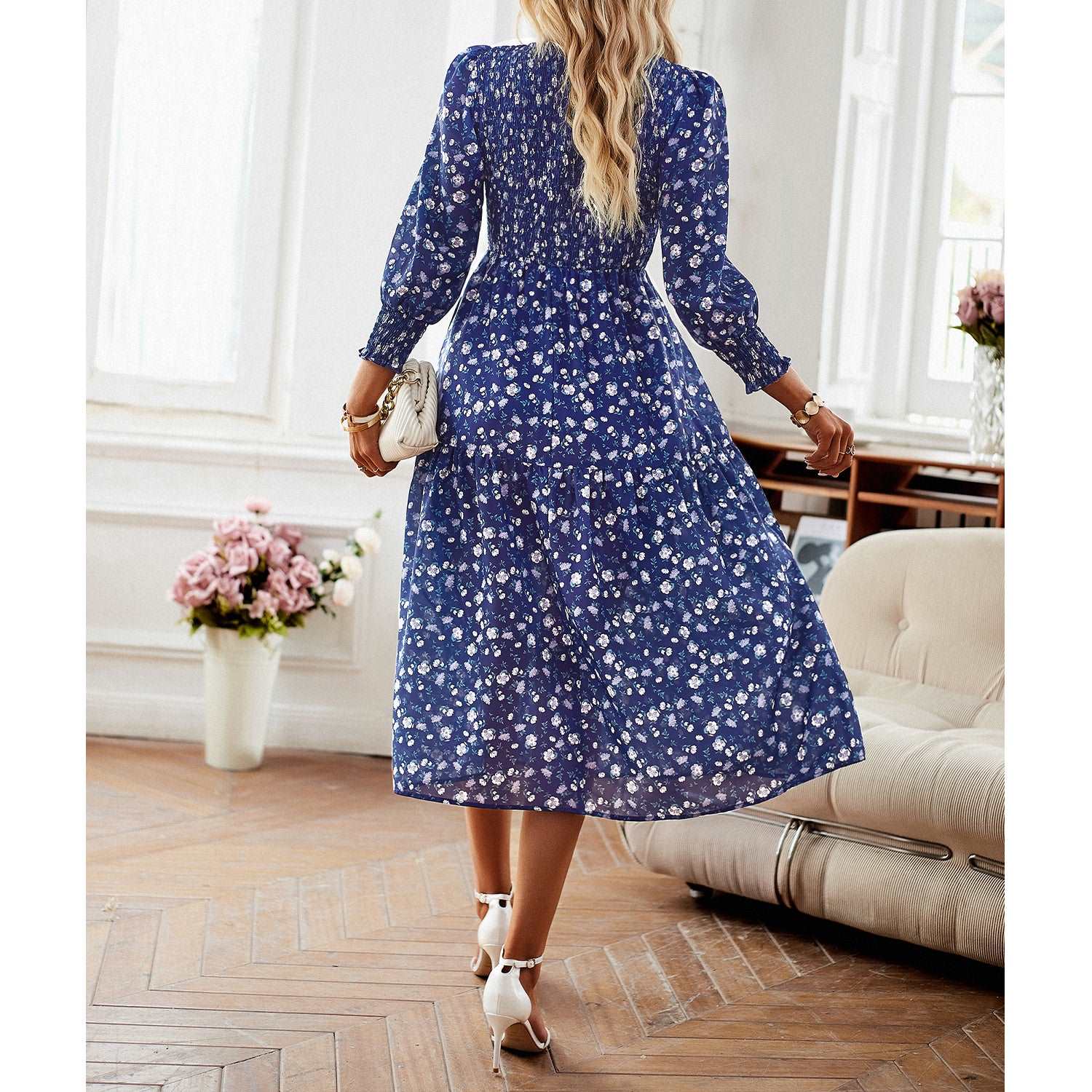 Women's Casual Long Sleeve Floral Dress Crewneck A-Line Mid Length Dress