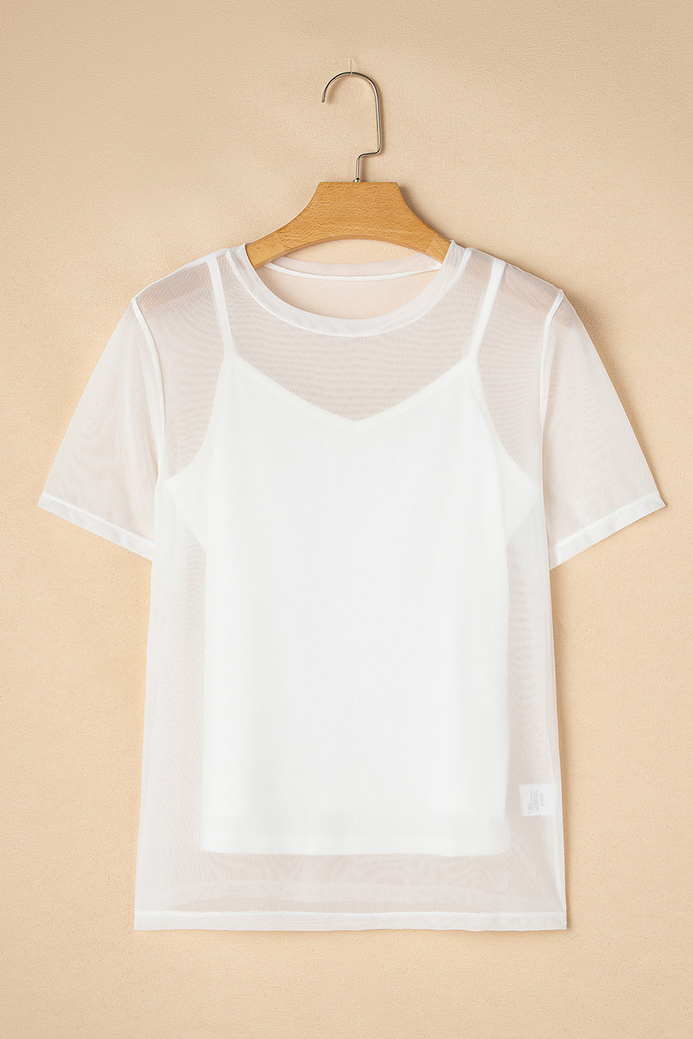White Solid Color Sheer Mesh Patchwork Short Sleeve Top