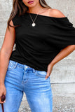 Black Plus Size Solid Color Asymmetric Neck Short Sleeve Blouse