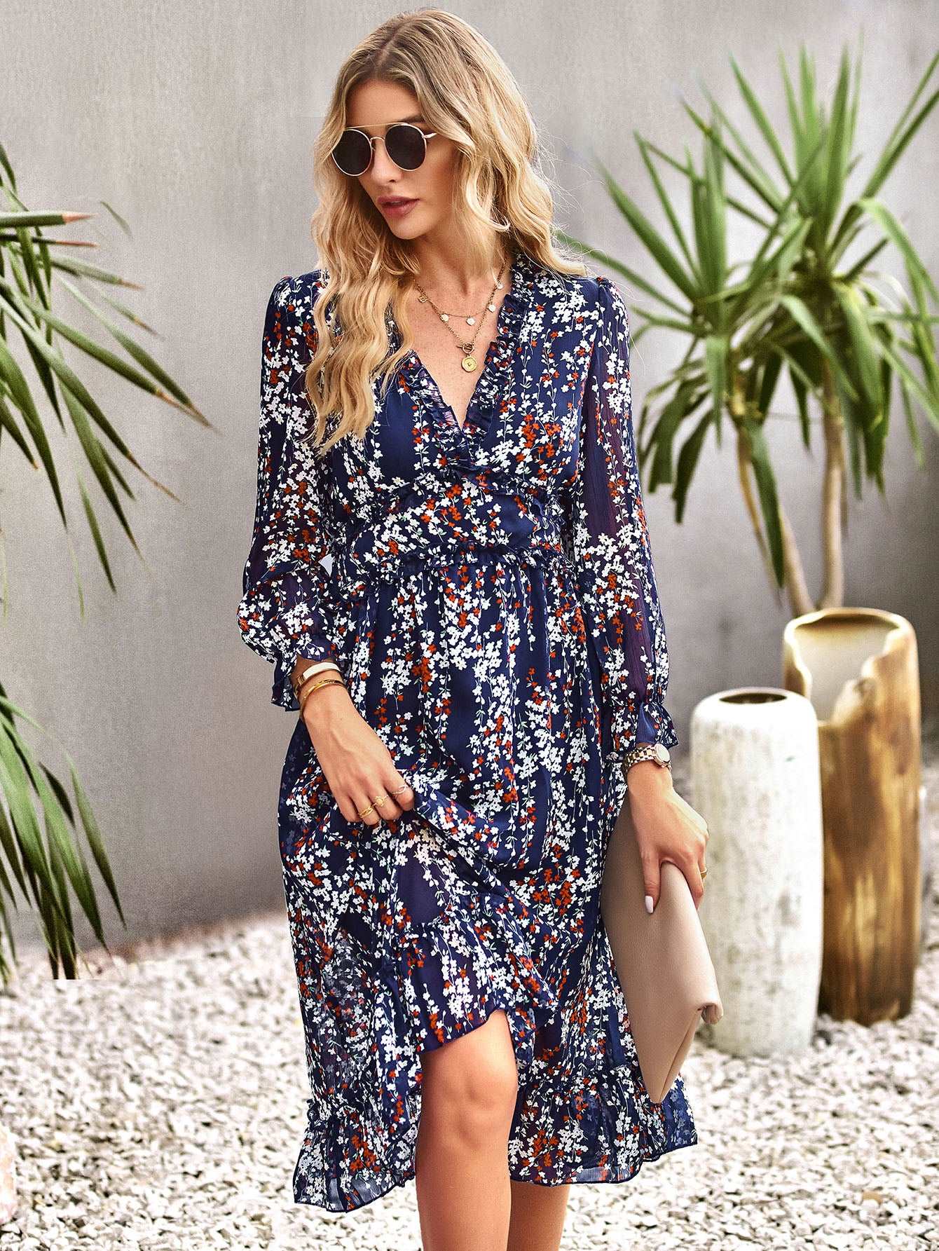 Women's Casual Long Sleeve V Neck Loose Floral Dress Long Dresses Swing Dress for Women