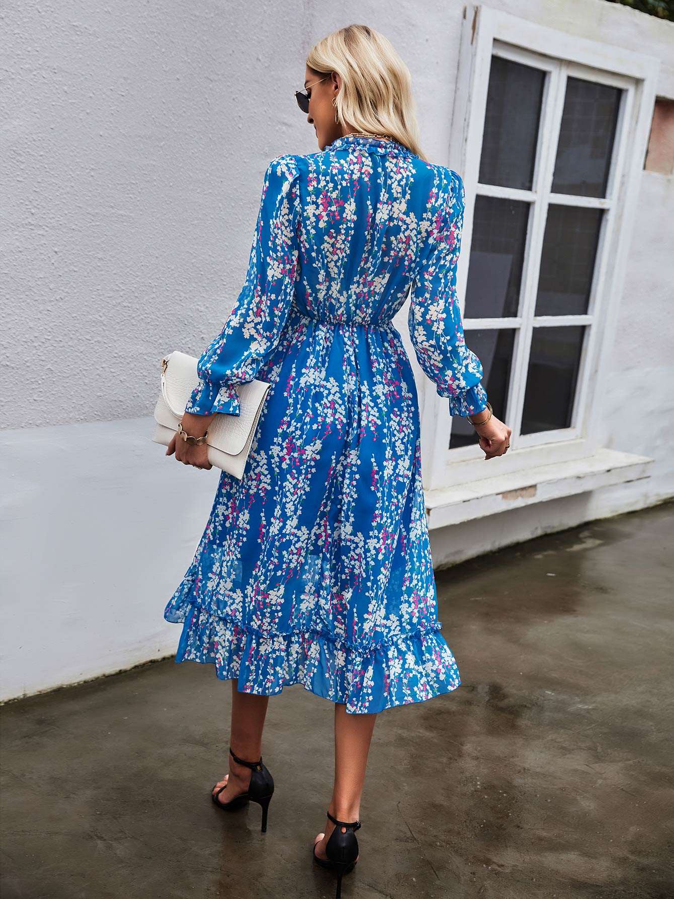 Women's Casual Long Sleeve V Neck Loose Floral Dress Long Dresses Swing Dress for Women