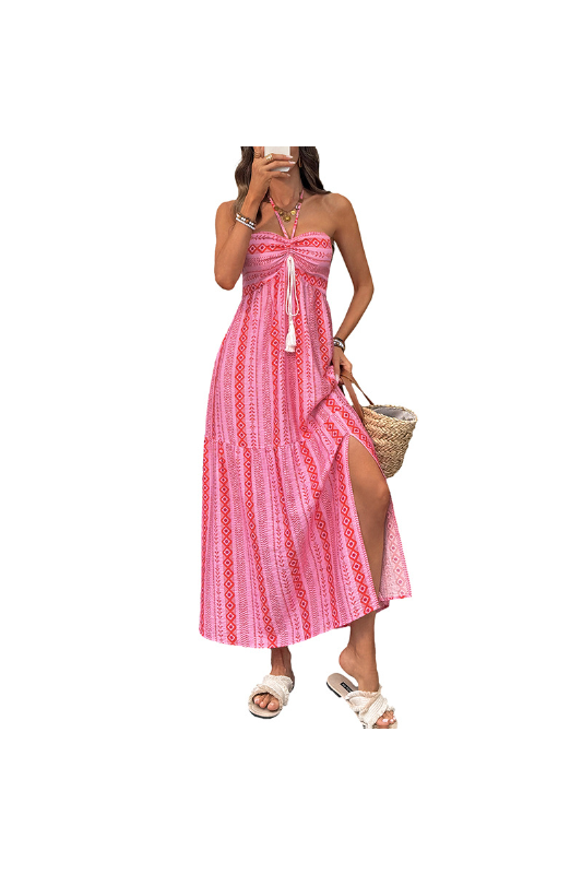 Boho Halter Neck Slit Geometric Print Dress