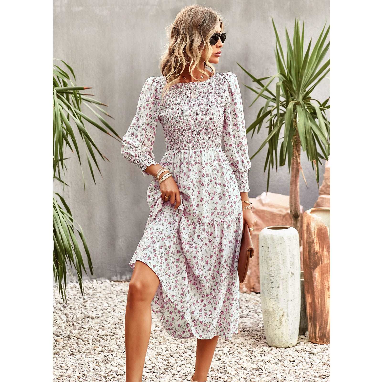 Women's Casual Long Sleeve Floral Dress Crewneck A-Line Mid Length Dress