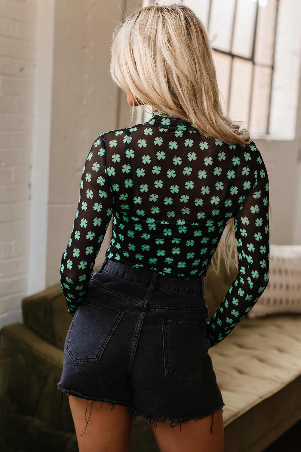 Green St Patrick Shamrock Printed Long Sleeve Mesh Bodysuit