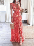 Sexy Deep V-neck Waist Print Dress Long Dress