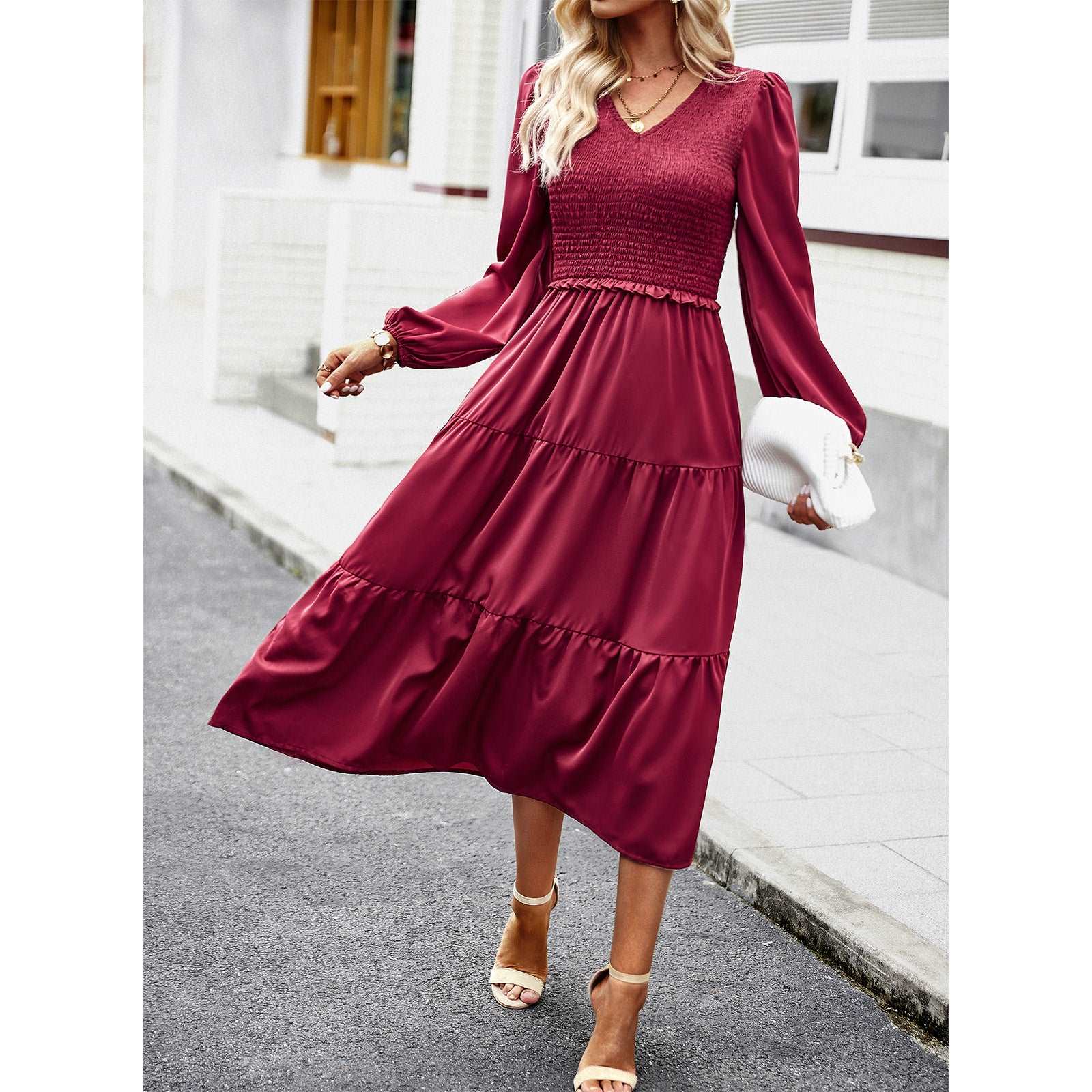 Women's Casual Midi Dress Boho Flutter Long Sleeve Crew Neck Smocked Elastic Waist Tiered A-Line Long Dress