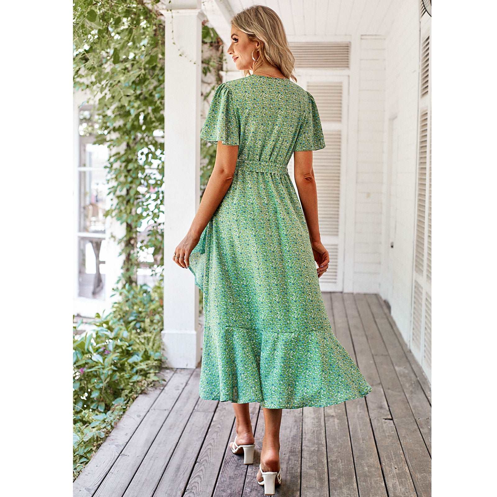 Women's Dresses Casual Summer Wrap V Neck Short Sleeve Belted Ruffle Hem A-Line Bohemian Maxi Dress