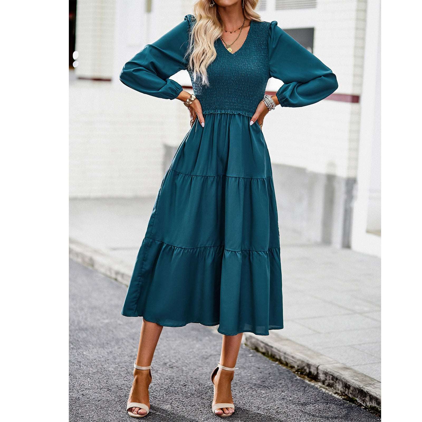Women's Casual Midi Dress Boho Flutter Long Sleeve Crew Neck Smocked Elastic Waist Tiered A-Line Long Dress