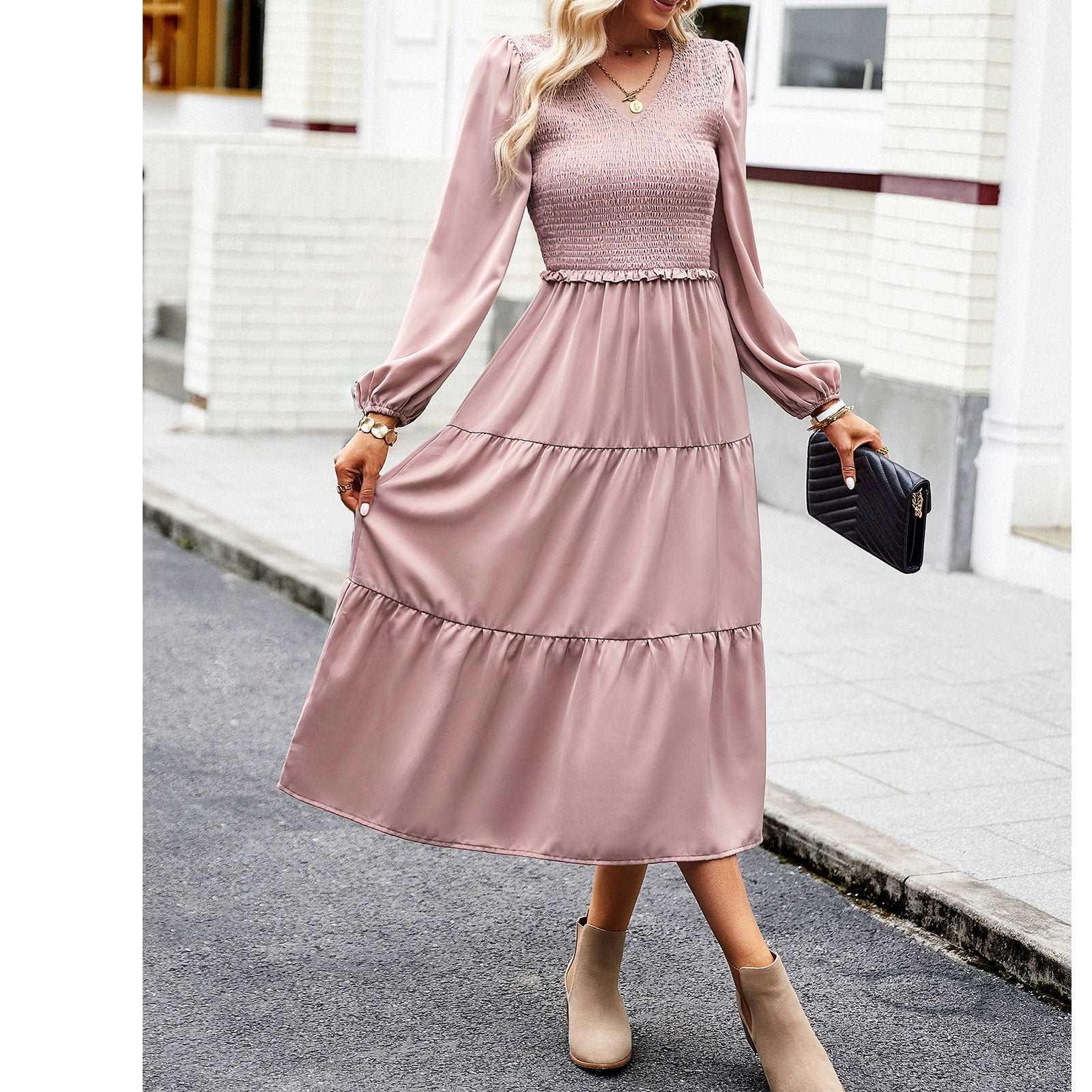 Women's Casual Midi Dress Boho Flutter Long Sleeve Crew Neck Smocked Elastic Waist Tiered A-Line Long Dress