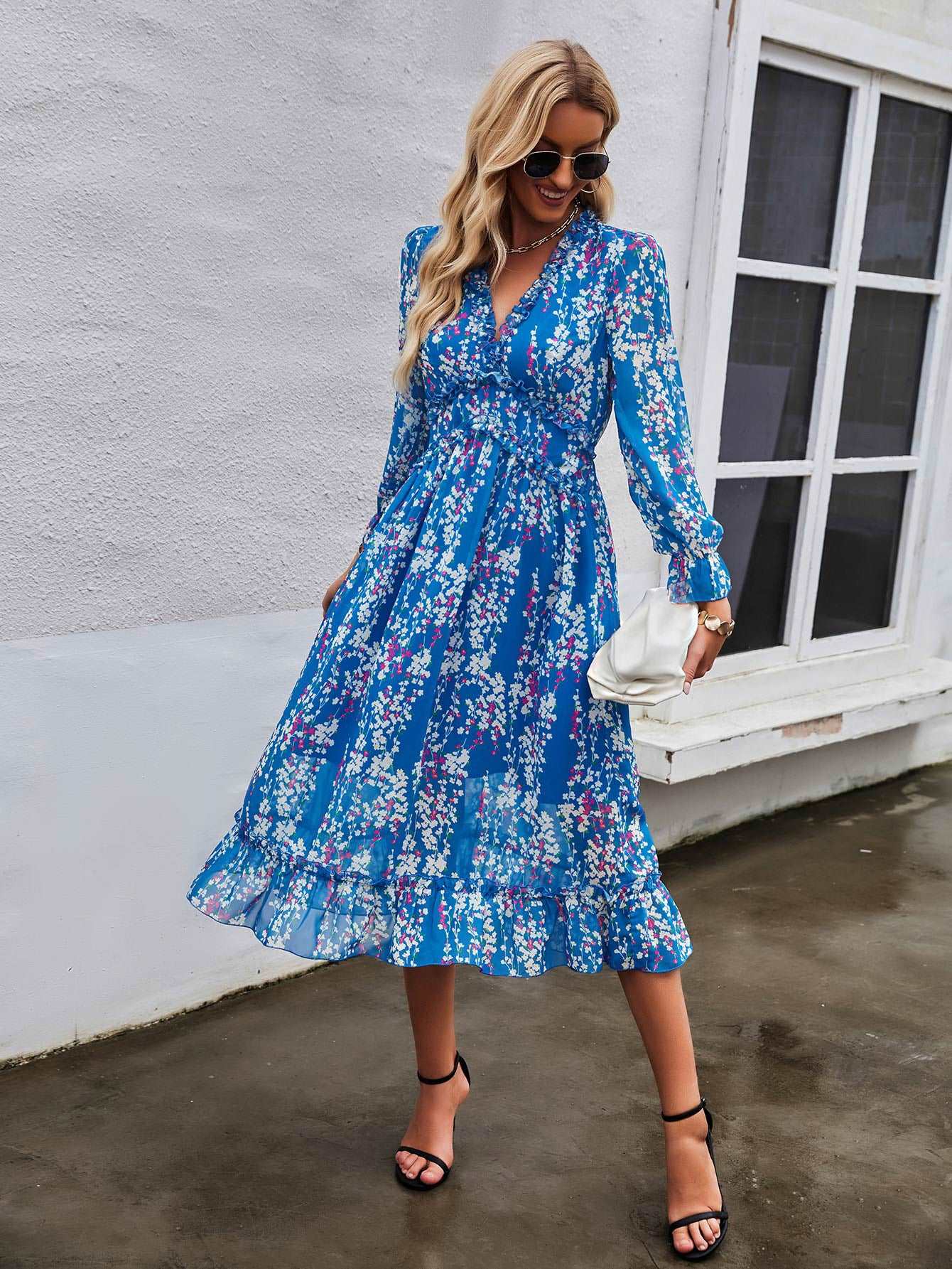 Women's Casual Long Sleeve V Neck Loose Floral Dress Long Dresses Swing Dress for Women