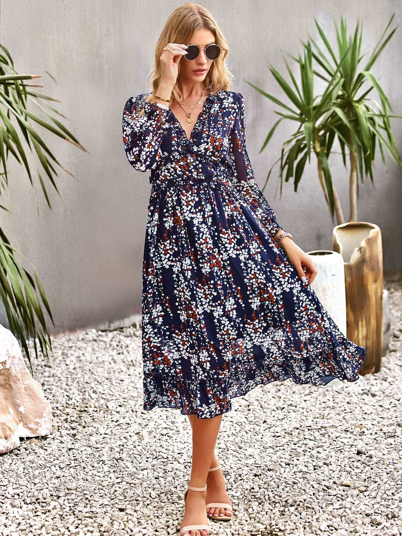 Women's Casual Long Sleeve V Neck Loose Floral Dress Long Dresses Swing Dress for Women