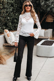 White Lace Crochet Bell Sleeve Mock Neck Blouse
