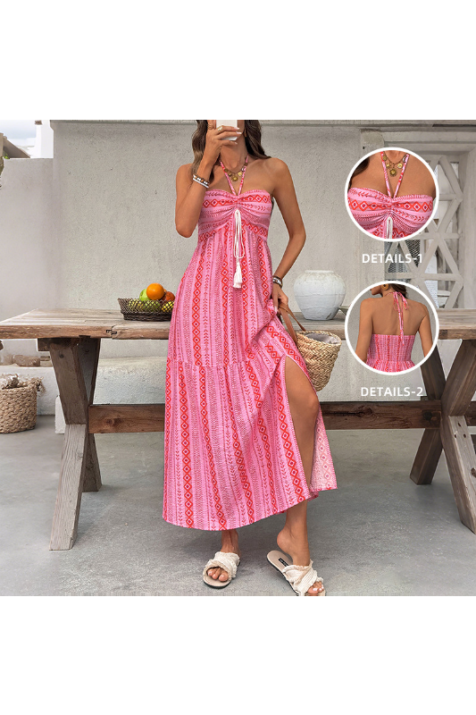 Boho Halter Neck Slit Geometric Print Dress