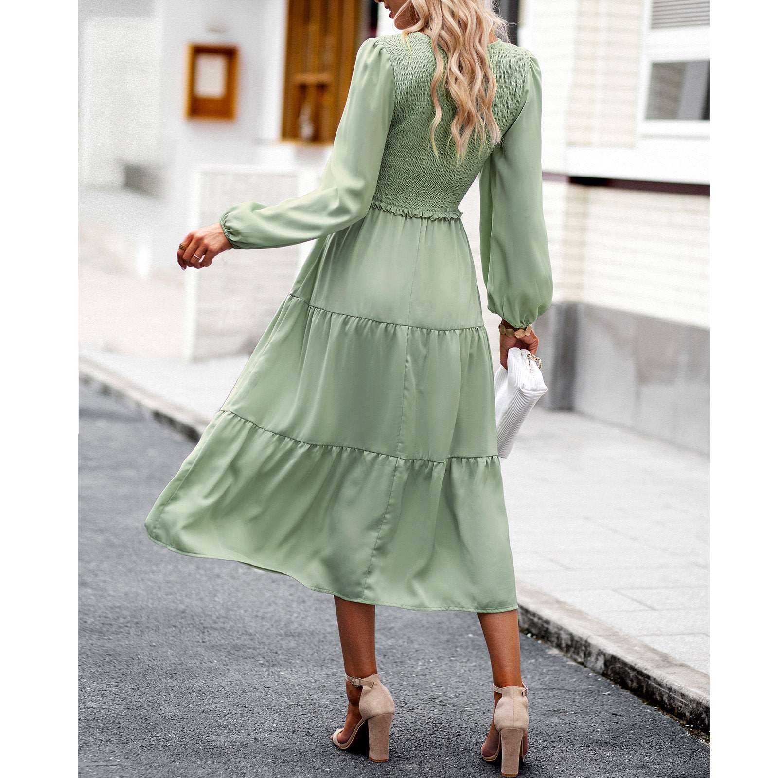 Women's Casual Midi Dress Boho Flutter Long Sleeve Crew Neck Smocked Elastic Waist Tiered A-Line Long Dress