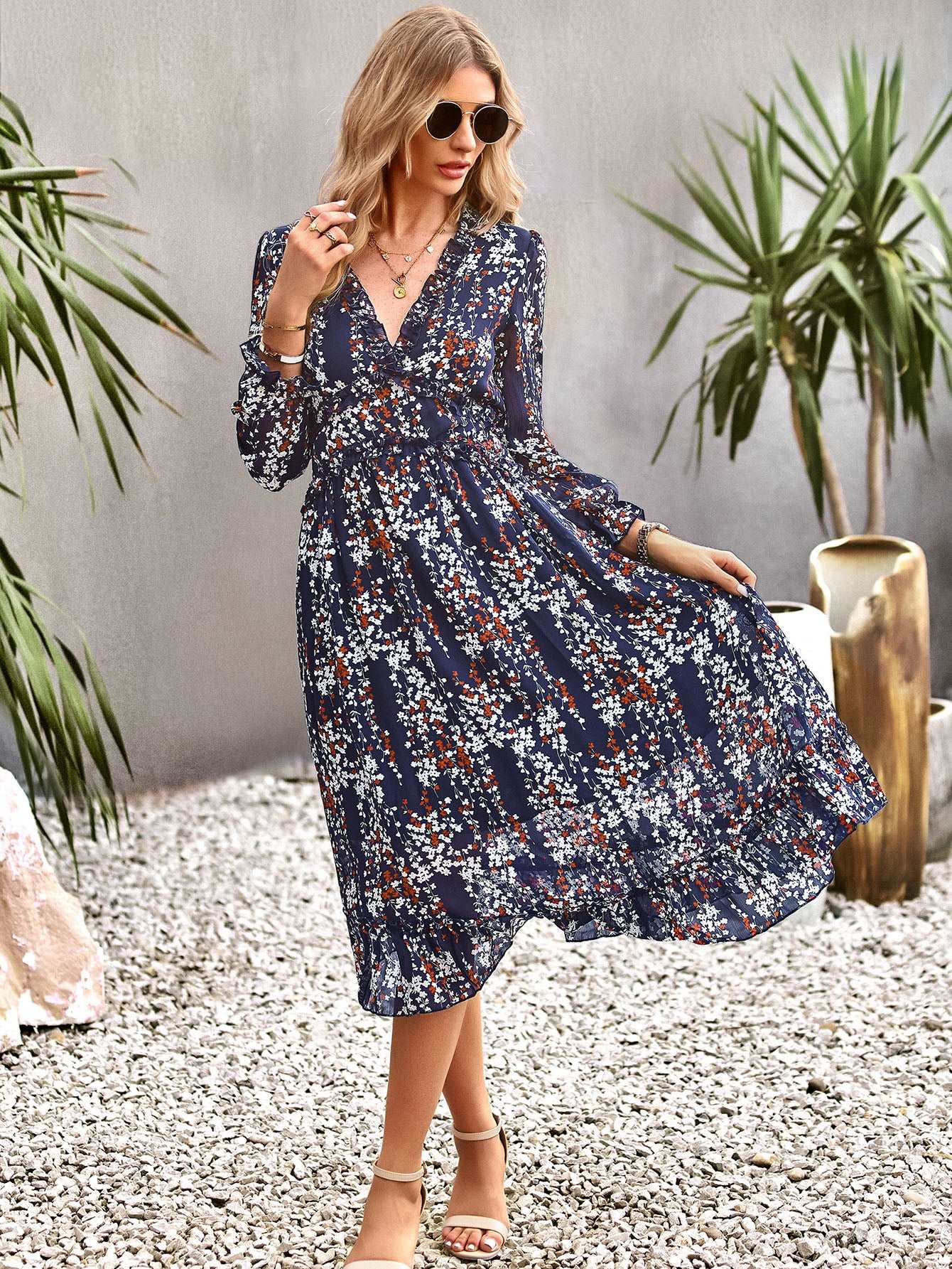 Women's Casual Long Sleeve V Neck Loose Floral Dress Long Dresses Swing Dress for Women