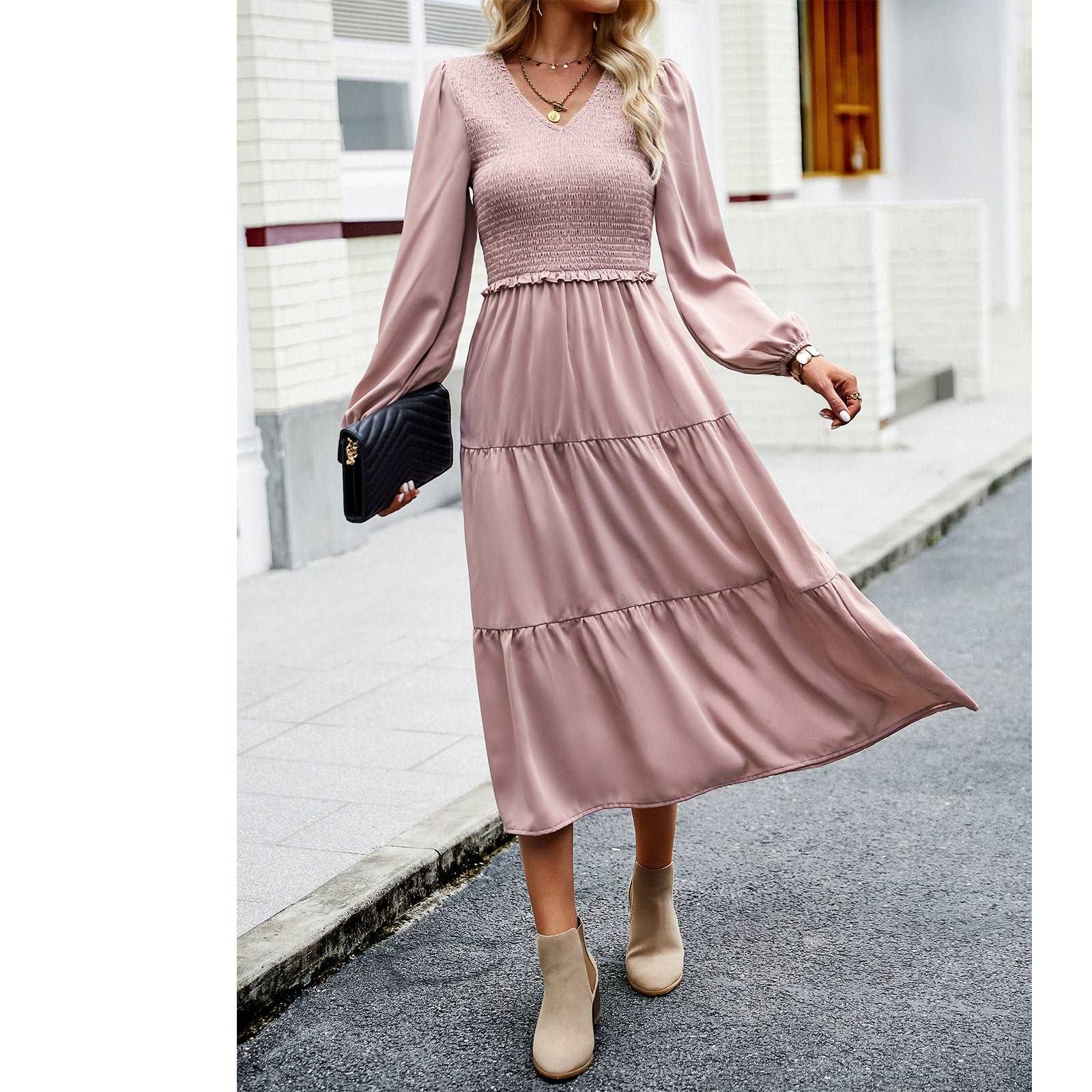 Women's Casual Midi Dress Boho Flutter Long Sleeve Crew Neck Smocked Elastic Waist Tiered A-Line Long Dress