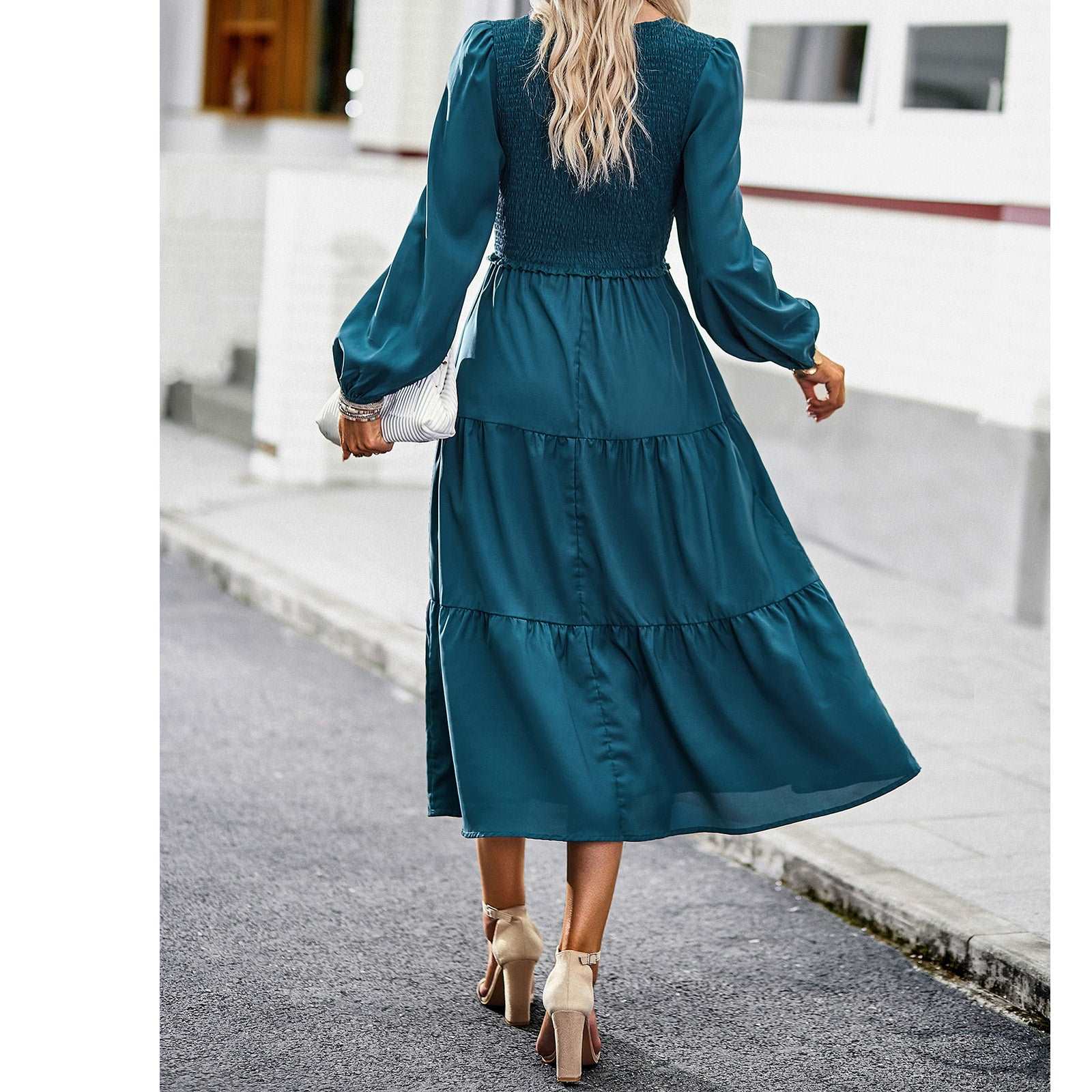 Women's Casual Midi Dress Boho Flutter Long Sleeve Crew Neck Smocked Elastic Waist Tiered A-Line Long Dress