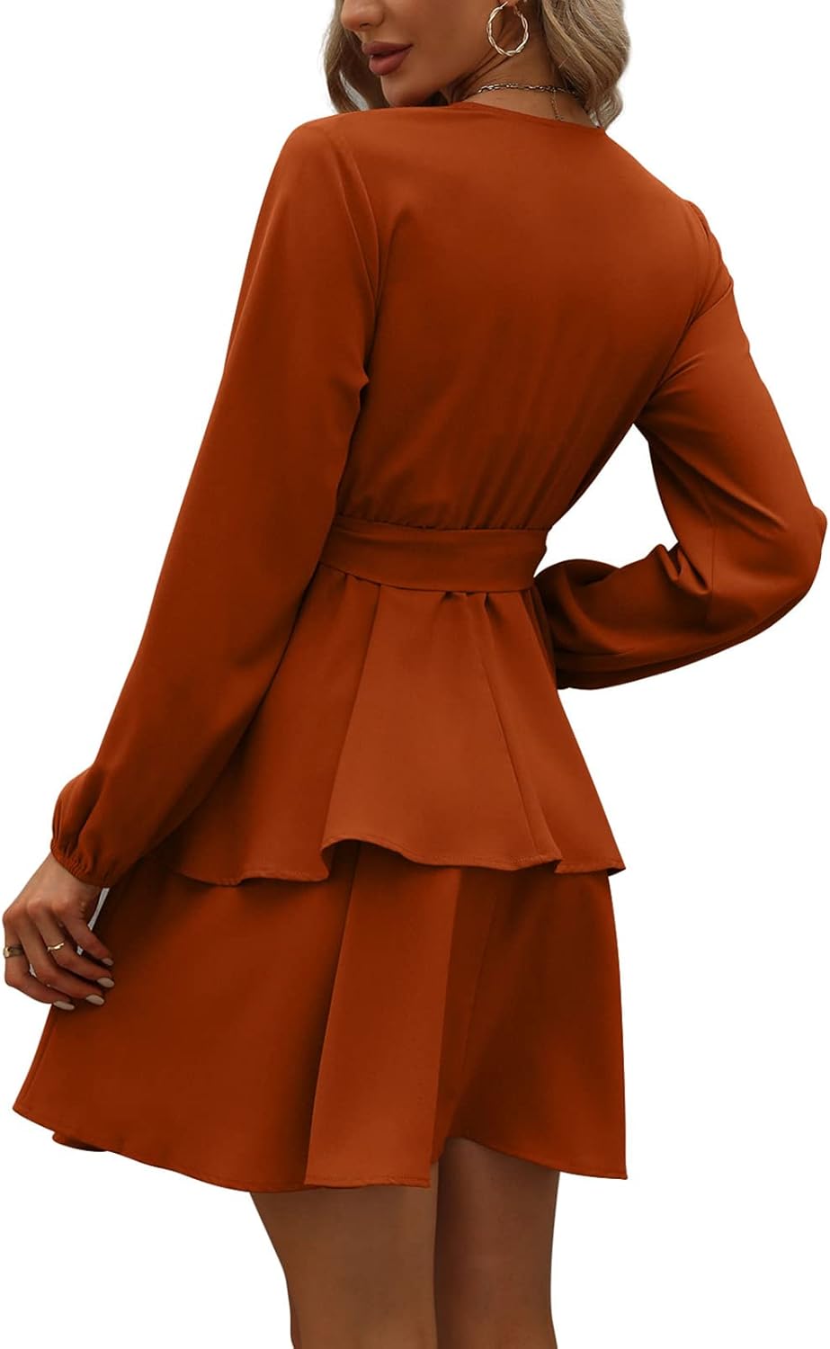 Womens Long Sleeve V Neck Dress Double Layer Ruffle Hem Puff Sleeves Waist Tie Fall Dress