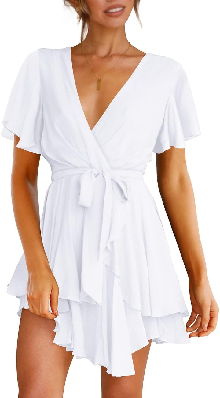 Women's Dress Deep V-Neck Long Sleeve Waist Tie Ruffle Mini Swing Skater Dresses