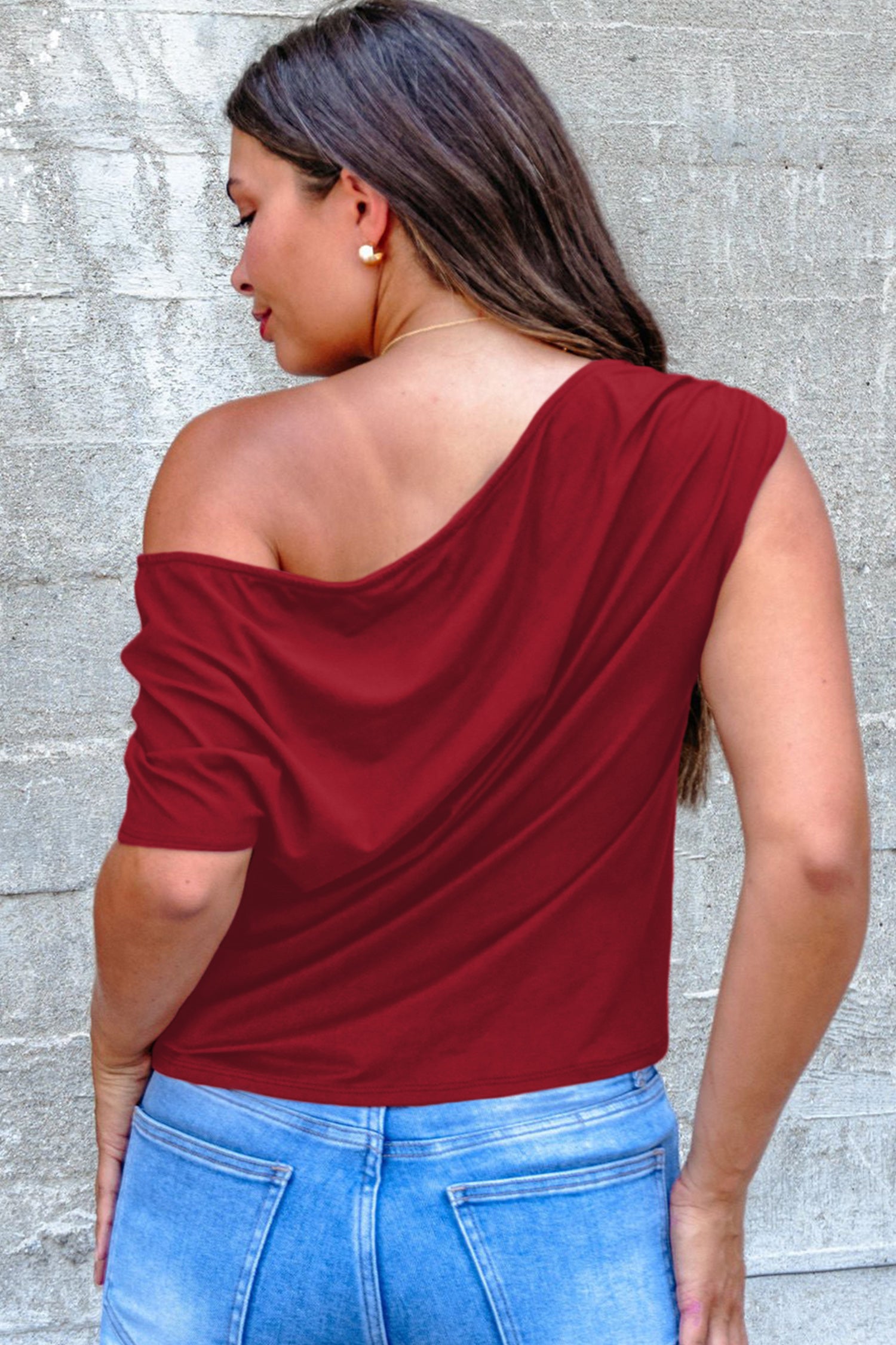 Black Plus Size Solid Color Asymmetric Neck Short Sleeve Blouse