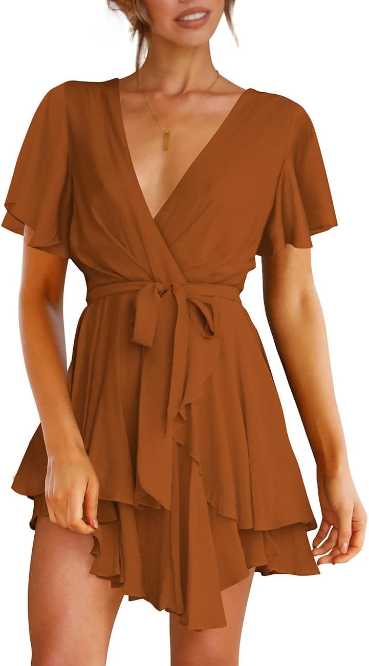 Women's Dress Deep V-Neck Long Sleeve Waist Tie Ruffle Mini Swing Skater Dresses