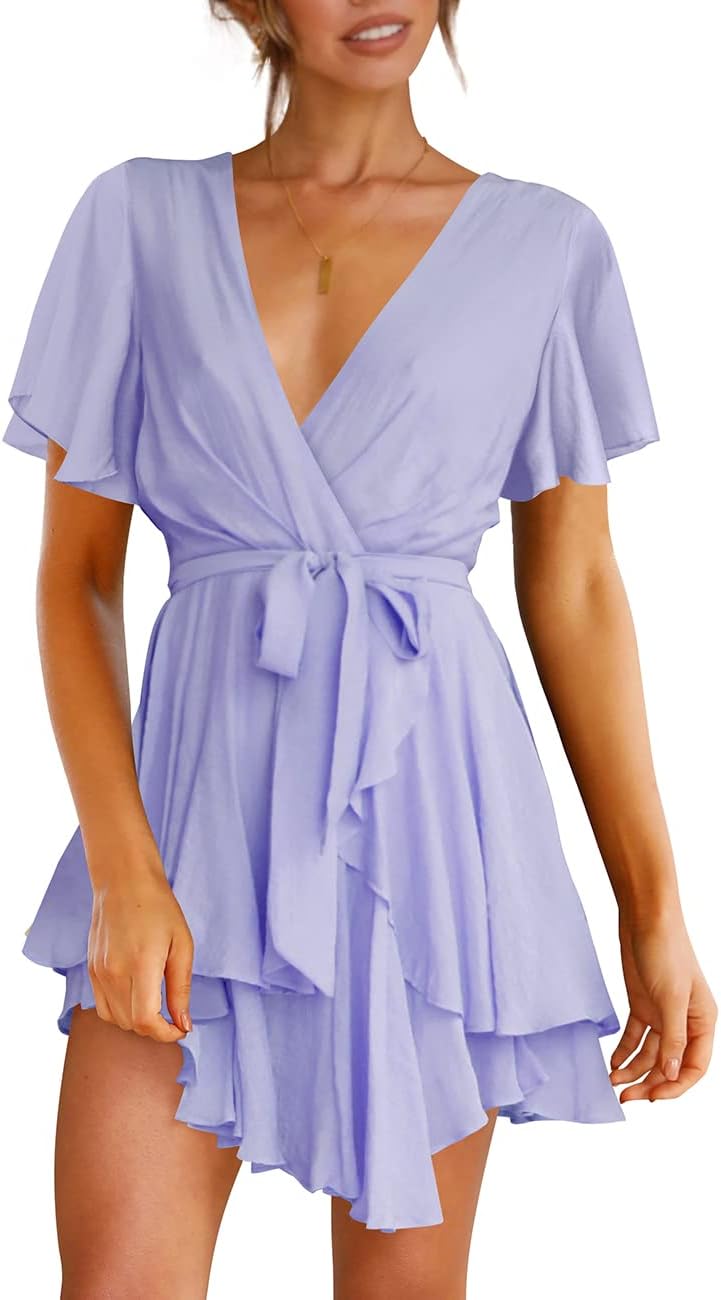Women's Dress Deep V-Neck Long Sleeve Waist Tie Ruffle Mini Swing Skater Dresses