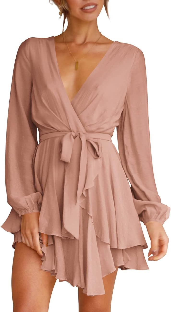 Women's Dress Deep V-Neck Long Sleeve Waist Tie Ruffle Mini Swing Skater Dresses