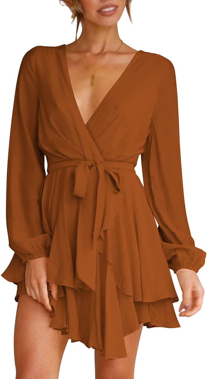 Women's Dress Deep V-Neck Long Sleeve Waist Tie Ruffle Mini Swing Skater Dresses