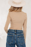 Smoke Gray Lace-trimmed Sweetheart Neckline Ruched Detail Long Sleeve T-shirt