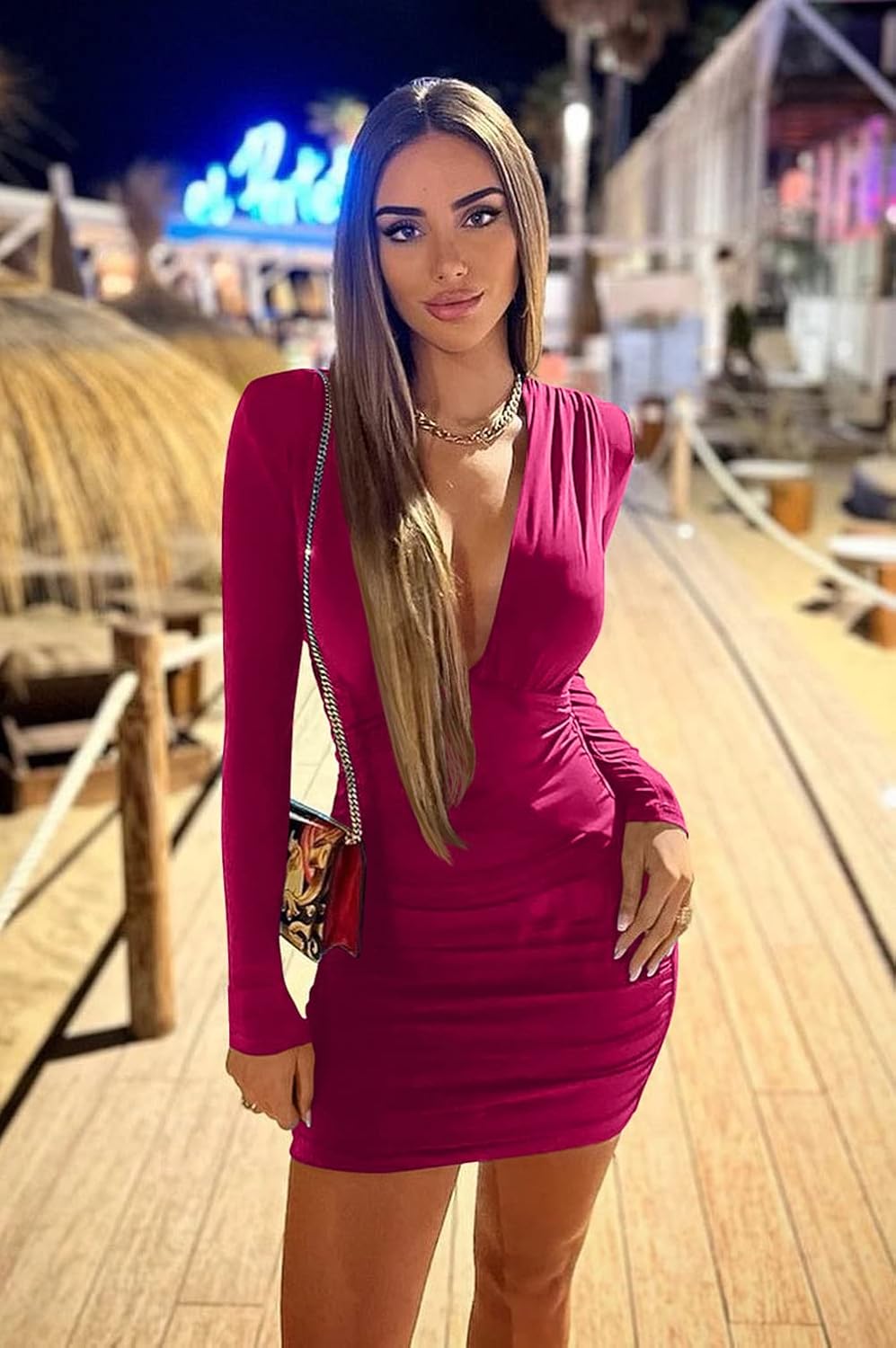 Women's Sexy Long Sleeve V Neck Ruched Bodycon Mini Party Cocktail Dress