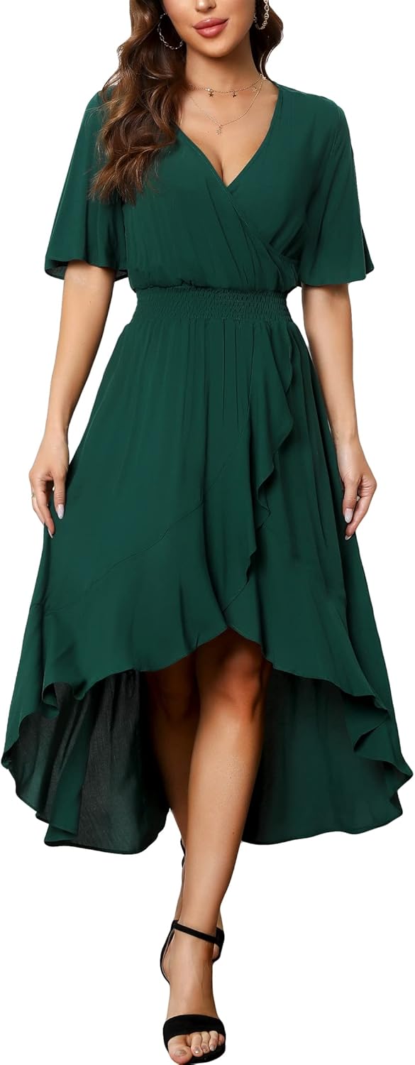Womens Short Sleeve Floral High Low V-Neck Flowy Party Long Maxi Dress