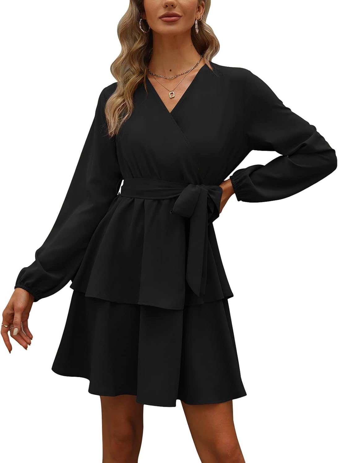 Womens Long Sleeve V Neck Dress Double Layer Ruffle Hem Puff Sleeves Waist Tie Fall Dress