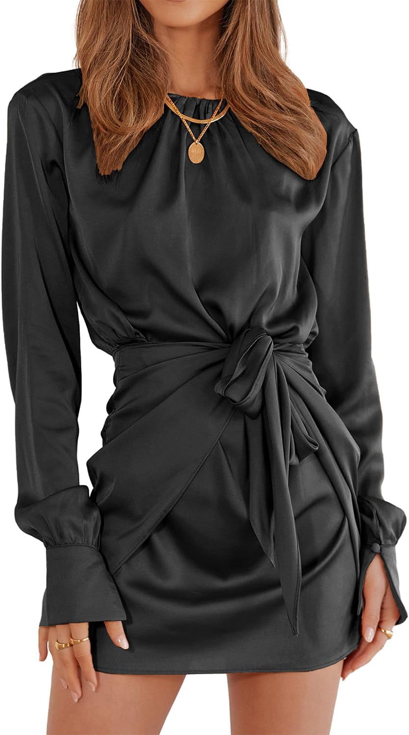 Women Casual Long Sleeve Ruched Wrap Dress Crew Neck Tie Waist Short Dresses Solid Party Dresses Satin Cocktail Dress