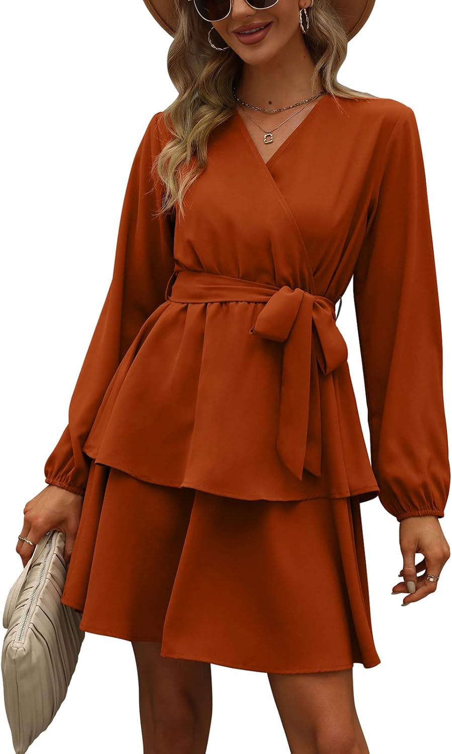 Womens Long Sleeve V Neck Dress Double Layer Ruffle Hem Puff Sleeves Waist Tie Fall Dress