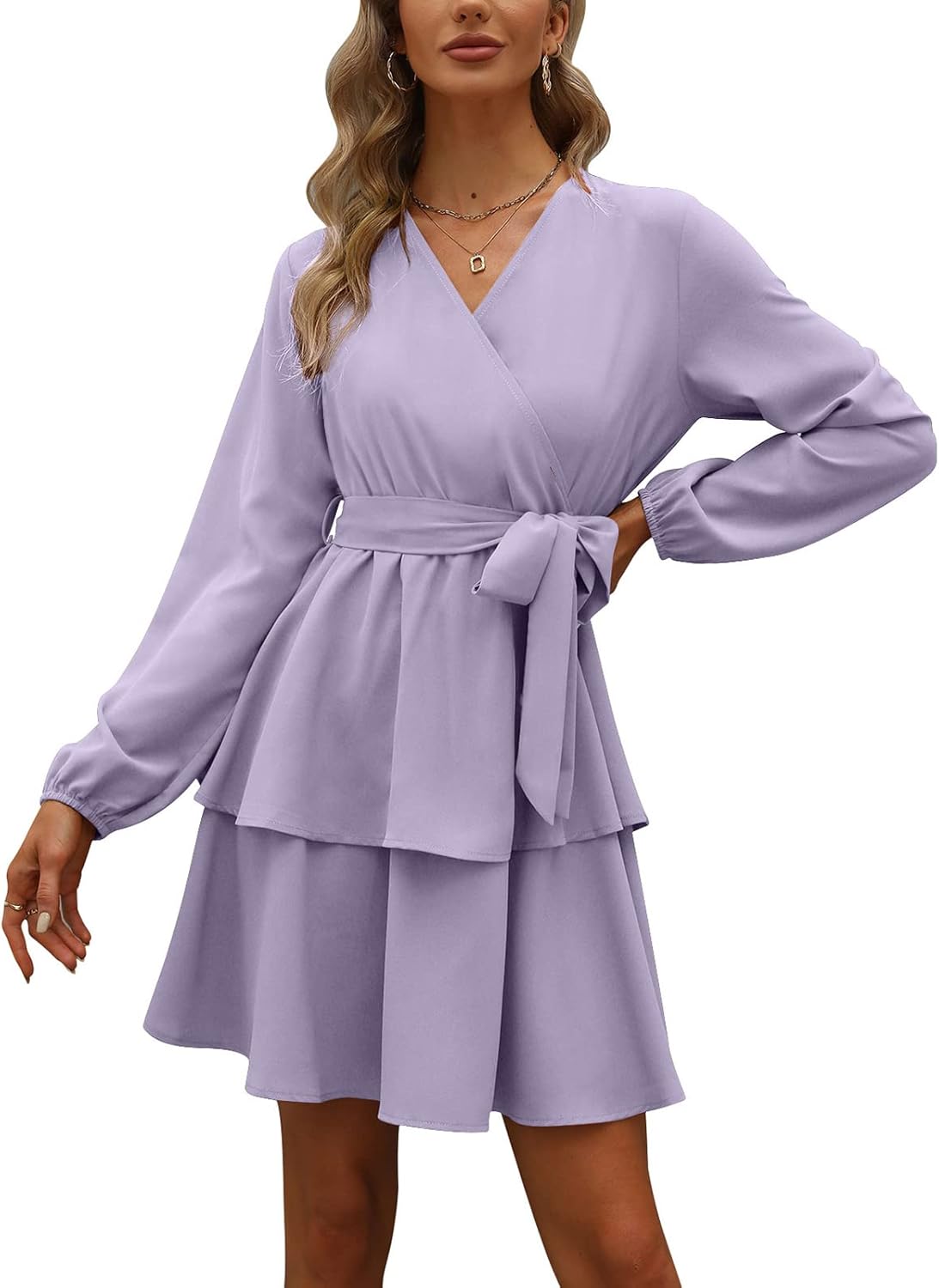 Womens Long Sleeve V Neck Dress Double Layer Ruffle Hem Puff Sleeves Waist Tie Fall Dress