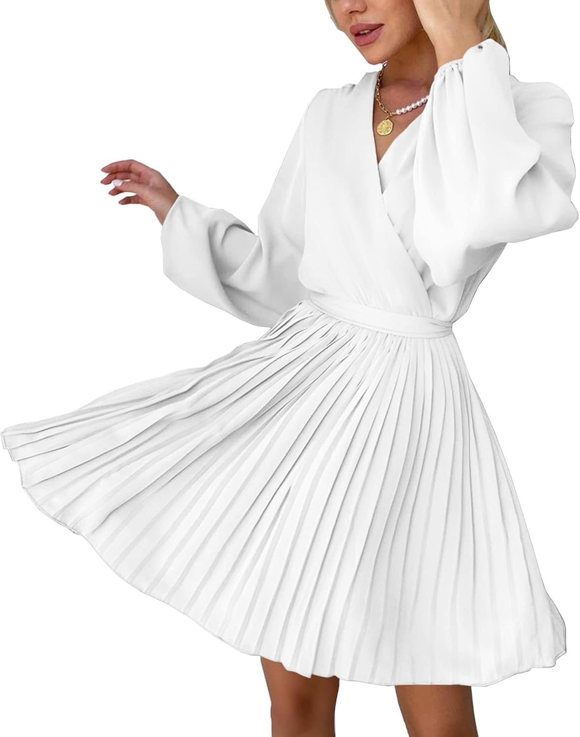 Women Casual Summer Fall Dresses 2023 Boho Wrap V Neck Puff Long Sleeve Cocktail Flowy Pleated A-Line Mini Dress