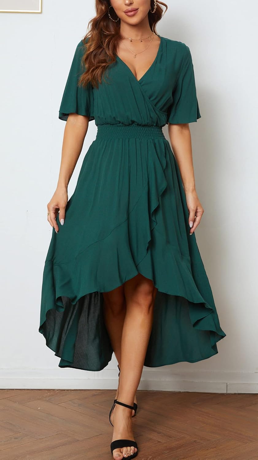 Womens Short Sleeve Floral High Low V-Neck Flowy Party Long Maxi Dress