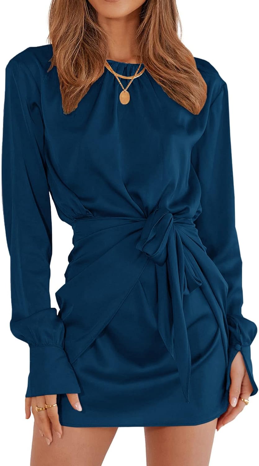 Women Casual Long Sleeve Ruched Wrap Dress Crew Neck Tie Waist Short Dresses Solid Party Dresses Satin Cocktail Dress