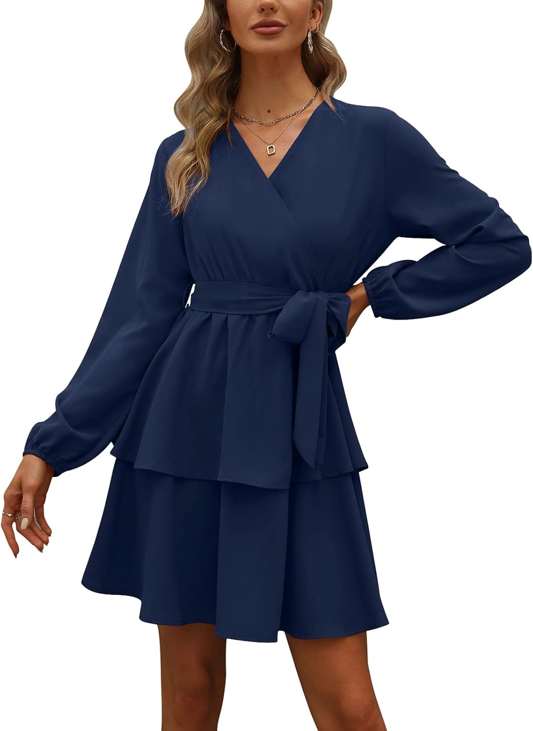 Womens Long Sleeve V Neck Dress Double Layer Ruffle Hem Puff Sleeves Waist Tie Fall Dress