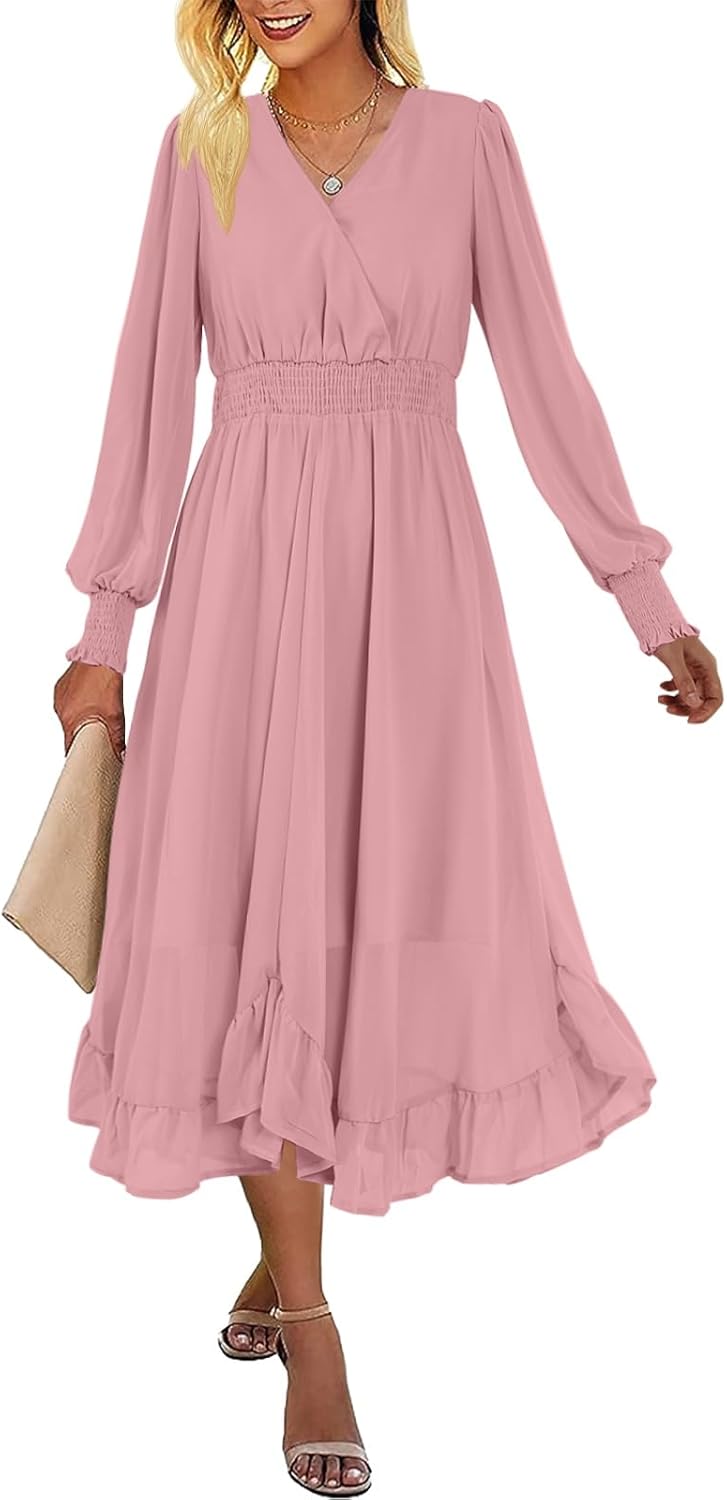 Women's Casual Wrap V Neck Long Sleeve Smocked High Waist A Line Flowy Midi Dress