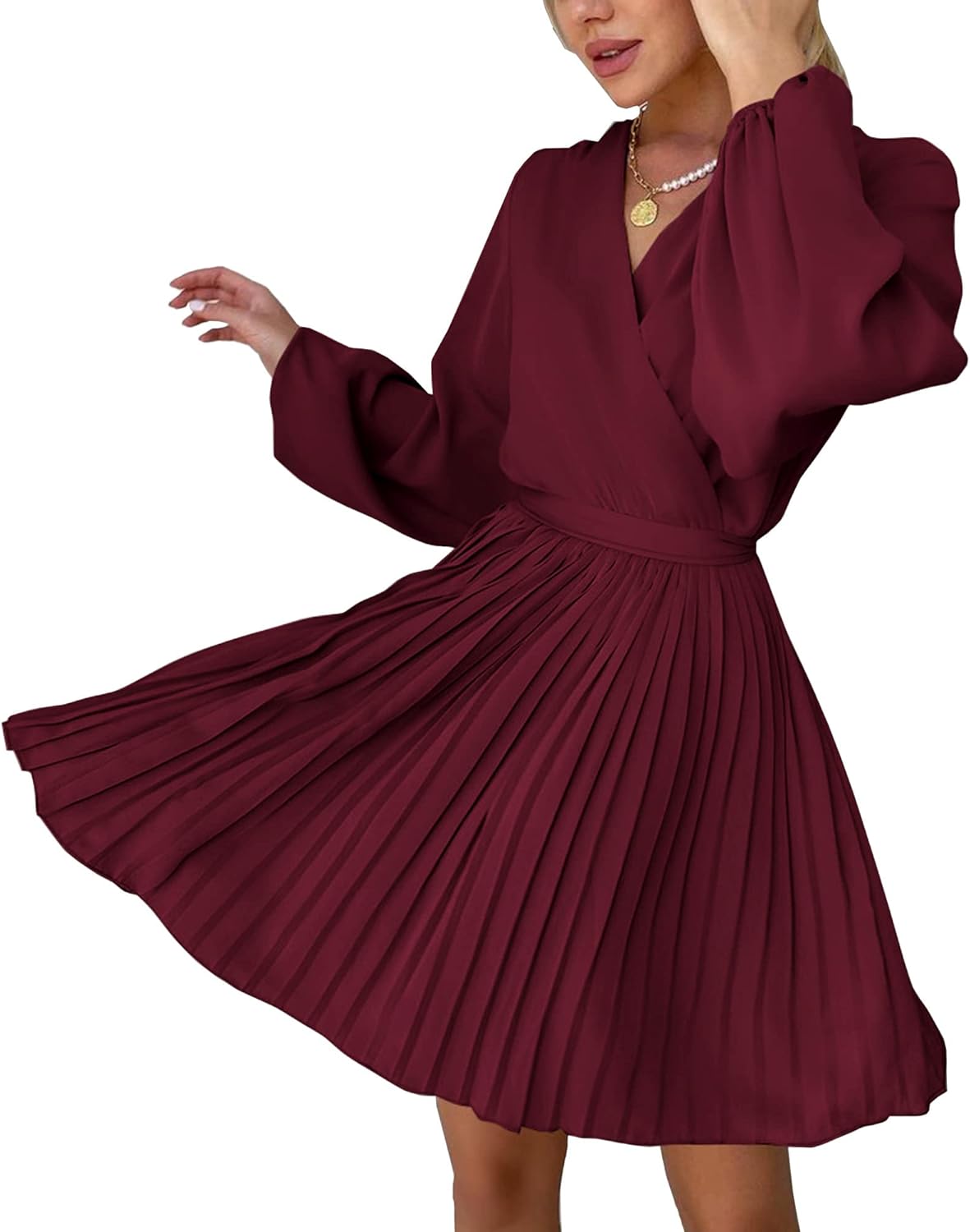 Women Casual Summer Fall Dresses 2023 Boho Wrap V Neck Puff Long Sleeve Cocktail Flowy Pleated A-Line Mini Dress