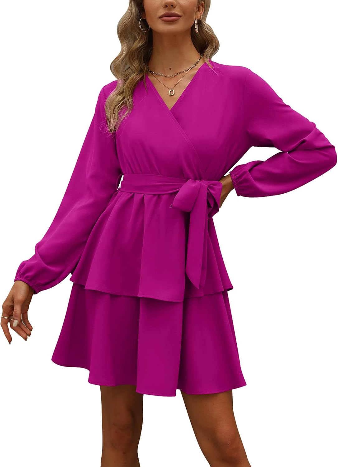 Womens Long Sleeve V Neck Dress Double Layer Ruffle Hem Puff Sleeves Waist Tie Fall Dress
