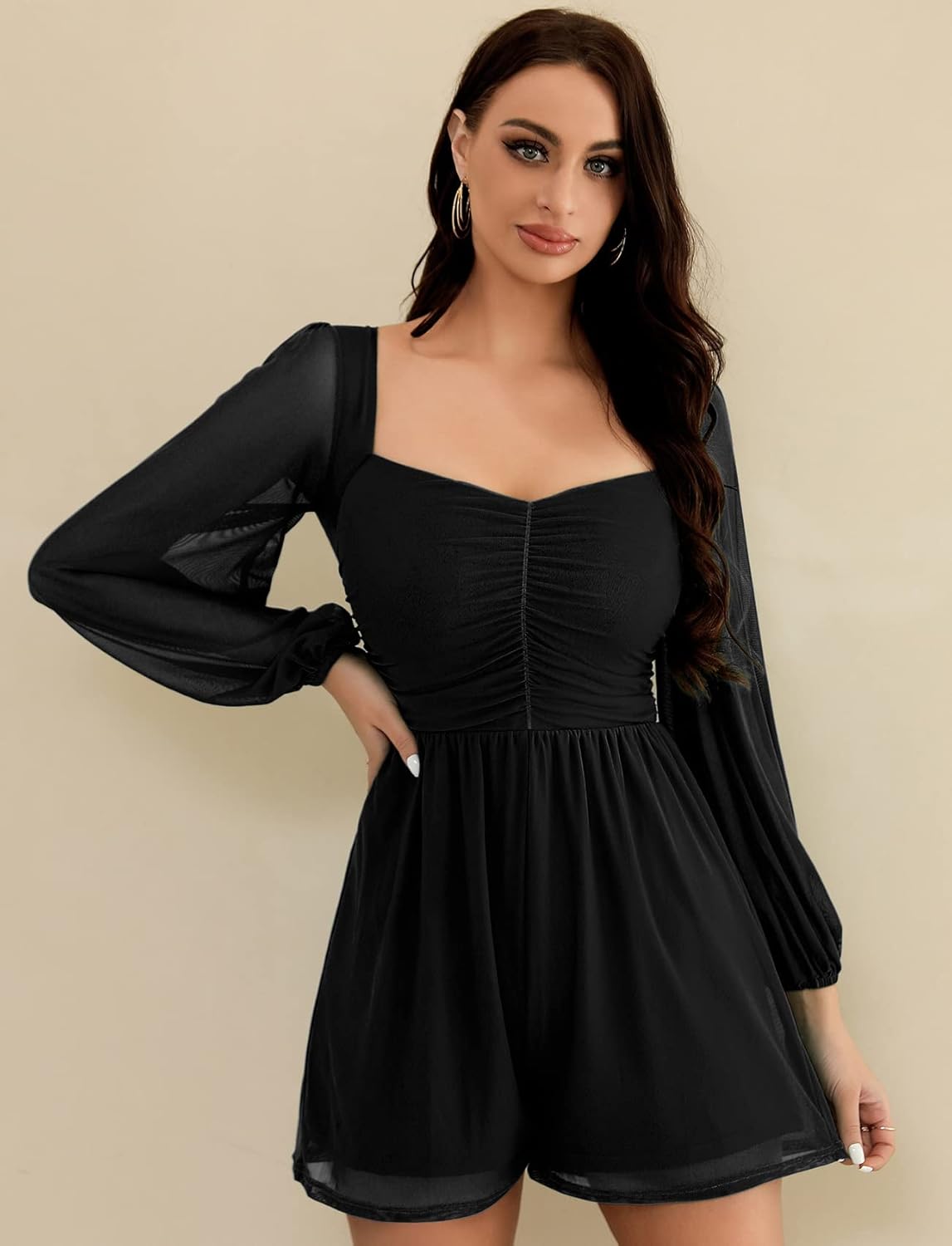 Women's Rompers Ruched Lantern Long Sleeve One Piece Outfit Solid Square Neck Shorts Jumpsuit