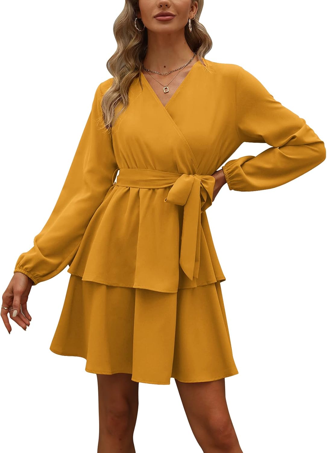 Womens Long Sleeve V Neck Dress Double Layer Ruffle Hem Puff Sleeves Waist Tie Fall Dress