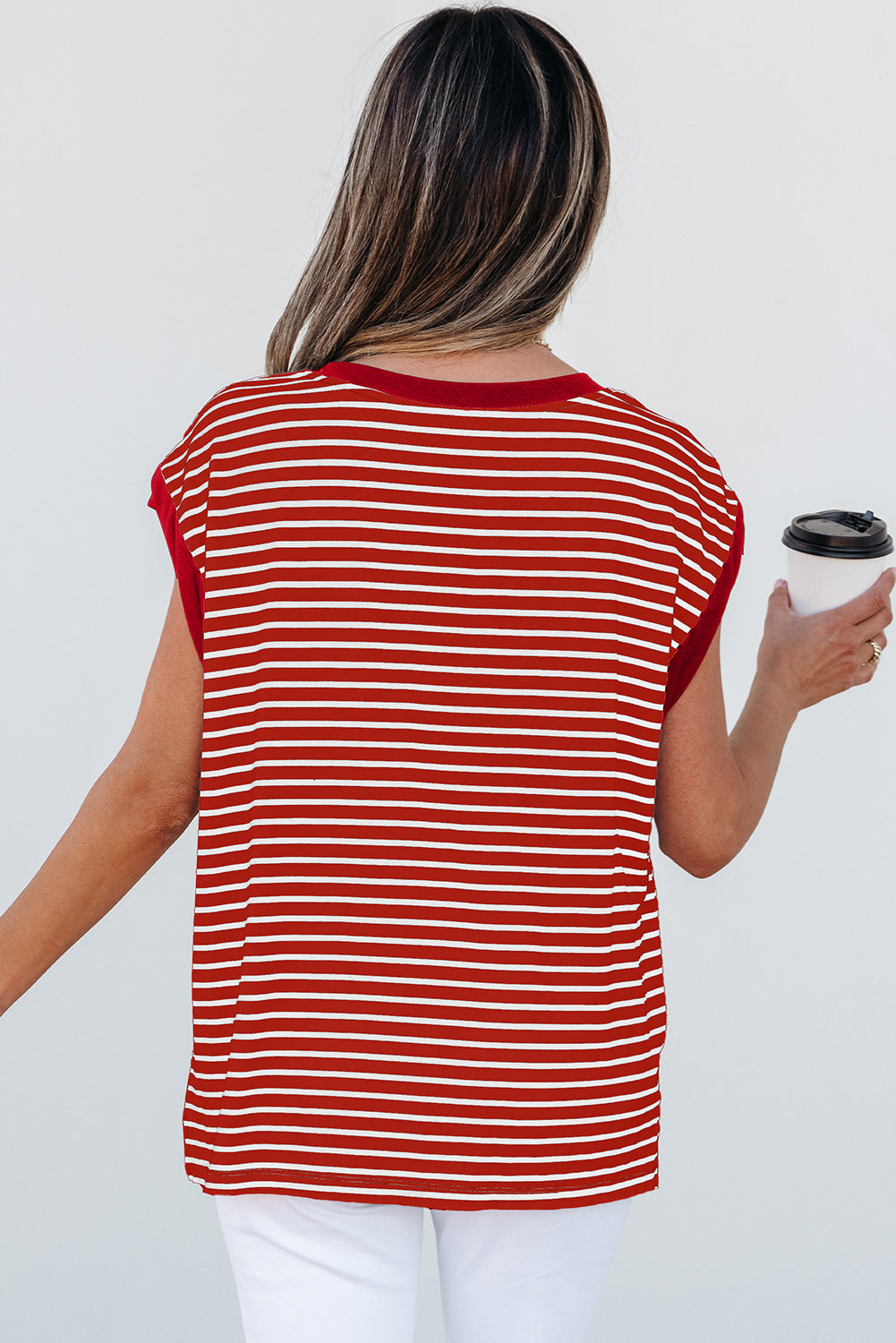 Black Stripe Chest Pocket Patch Round Neck Tank Top