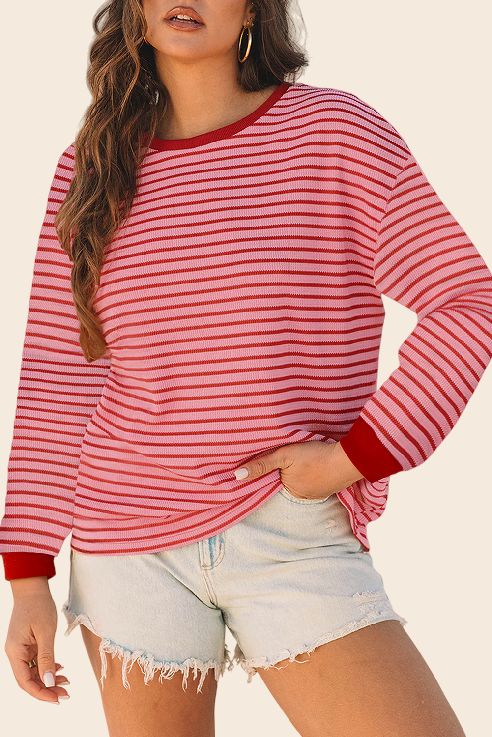 Pink Stripe Textured Round Neck Drop Shoulder Long Sleeve T Shirt