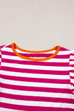 Rose Red Striped Ruffle Sleeve Crew Neck Blouse