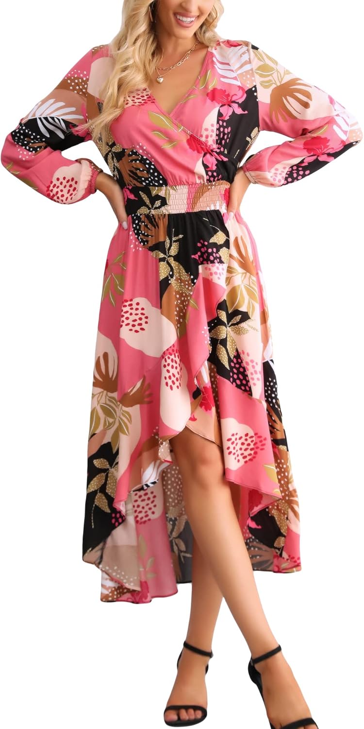 Womens Short Sleeve Floral High Low V-Neck Flowy Party Long Maxi Dress